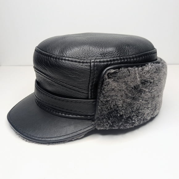 R&V black leather trapper hat faux fur lined fold down men's size XXL - Picture 3 of 9